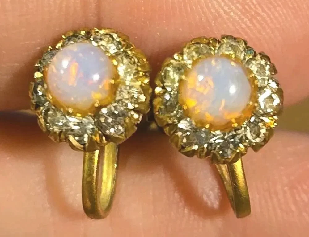 Vintage Pink Fire Opal And Rhinestone Screwback Earrings Gold tone